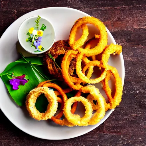 Image similar to Onion rings served with edible flowers, recipe photograph