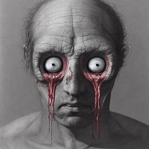 Prompt: a person with giant bloody holes in their eyesockets instead of eyes, zdzisław beksinski, dariusz zawadzki, mark powell, keith thompson