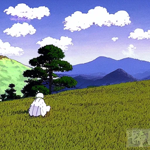 Image similar to a peaceful mountain overlooking a field, studio ghibli