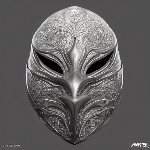 Image similar to centered detailed metal mask made with intricate filigree, satisfying cable management, triadic chrome shading. great details, fantasy artwork by artgerm and tyler edlin and rhads trending on cgsociety, trending on artstation