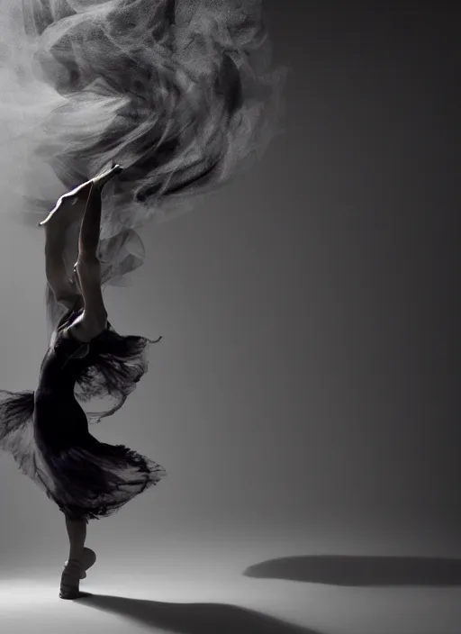 Image similar to a Photorealistic dramatic hyperrealistic render of a beautiful Female smoke dancer by Ken Brower and Deborah Ory of NYC Dance project,Lois Greenfield,Flowing cloth and smoke,Beautiful dynamic dramatic dark moody lighting,volumetric,shadows,cinematic atmosphere,Octane render,8K