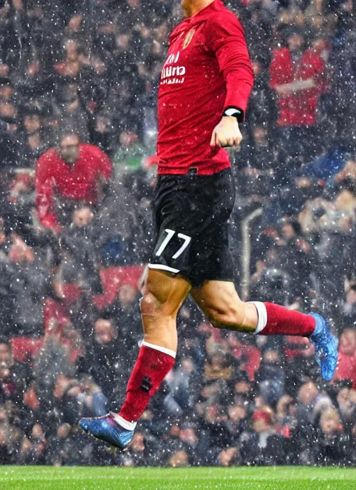 Image similar to epic face portrait cristiano ronaldo after scoring a goal, hard rain