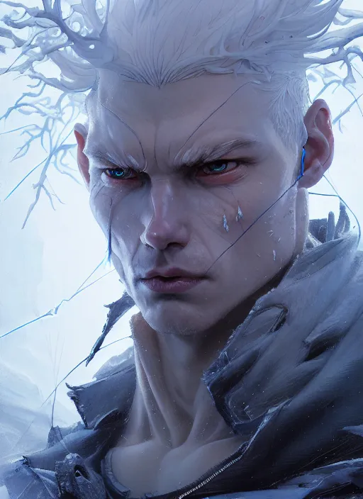 Prompt: character design by james jean, jakub rebelka, tran nguyen, yoann lossel, wadim kashin ( ( ( portrait of ice man from xmen ) ) ) emerging from a frozen temple, sharp edges. ultra clear detailed. 8 k. ultra detailed, majestic, intricate