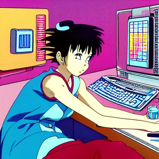 Image similar to girl sitting at her computer, sprite, vaporwave nostalgia, directed by beat takeshi, visual novel cg, 8 0 s anime vibe, kimagure orange road, maison ikkoku, sketch by osamu tezuka, directed by makoto shinkai and beat takeshi