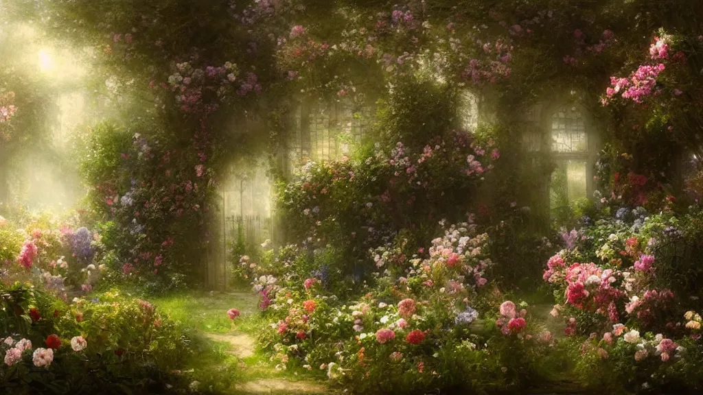 Image similar to a secret garden with many flowers. andreas achenbach, artgerm, mikko lagerstedt, zack snyder, tokujin yoshioka