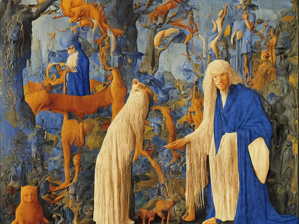 Prompt: Portrait of albino mystic with blue eyes, with Assyrian sculpture, stone animals. Painting by Jan van Eyck, Audubon, Rene Magritte, Agnes Pelton, Max Ernst, Walton Ford