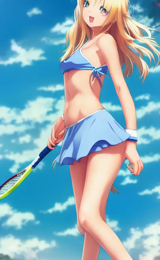 Image similar to a very beautiful young anime tennis girl, full body, long wavy blond hair, sky blue eyes, ( ( ( full round face ) ) ), short smile, bikini, miniskirt, front view, mid - shot, highly detailed, cinematic wallpaper by stanley artgerm lau
