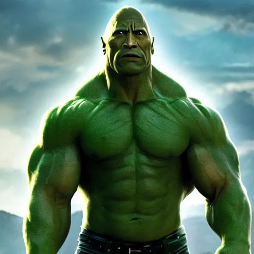 Image similar to dwayne johnson as incredible hulk, marvel cinematic universe, mcu, 4 k, raw, unedited, green skin, symmetrical balance, in - frame,