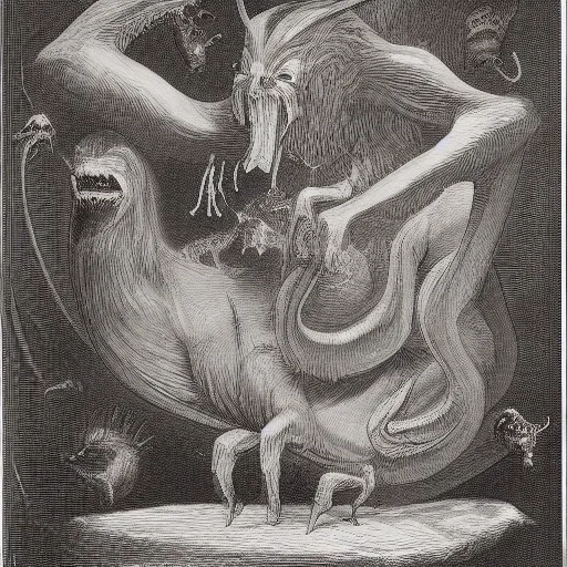 Image similar to bestiary of creatures from the depths of the unconscious psyche