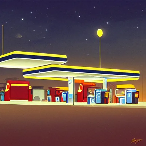 Image similar to a gas station at night by emiliano ponzi, george ault, bauhaus, retrofuturism, concept art, matte drawing