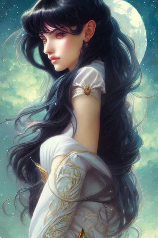 Image similar to a beautiful girl with long dark hair and bangs, sailor moon aesthetic, fantasy, intricate, elegant, highly detailed, digital painting, artstation, concept art, matte, sharp focus, illustration, art by Artgerm and Greg Rutkowski and Alphonse Mucha