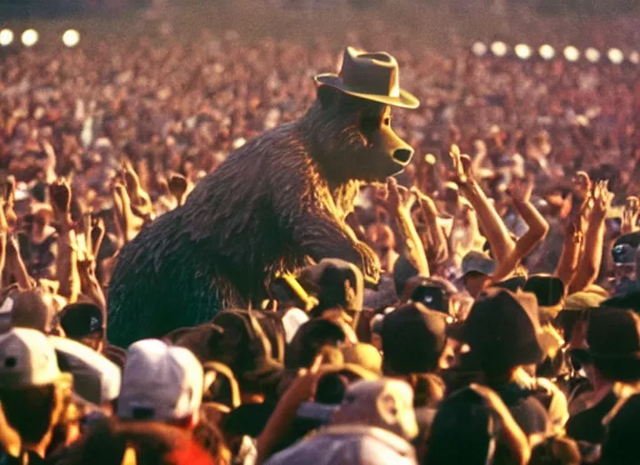 Image similar to photo still of smokey the bear amd fred durst on stage at woodstock 9 9!!!!!!!! at age 3 3 years old 3 3 years of age!!!!!!!! crowd surfing, 8 k, 8 5 mm f 1. 8, studio lighting, rim light, right side key light