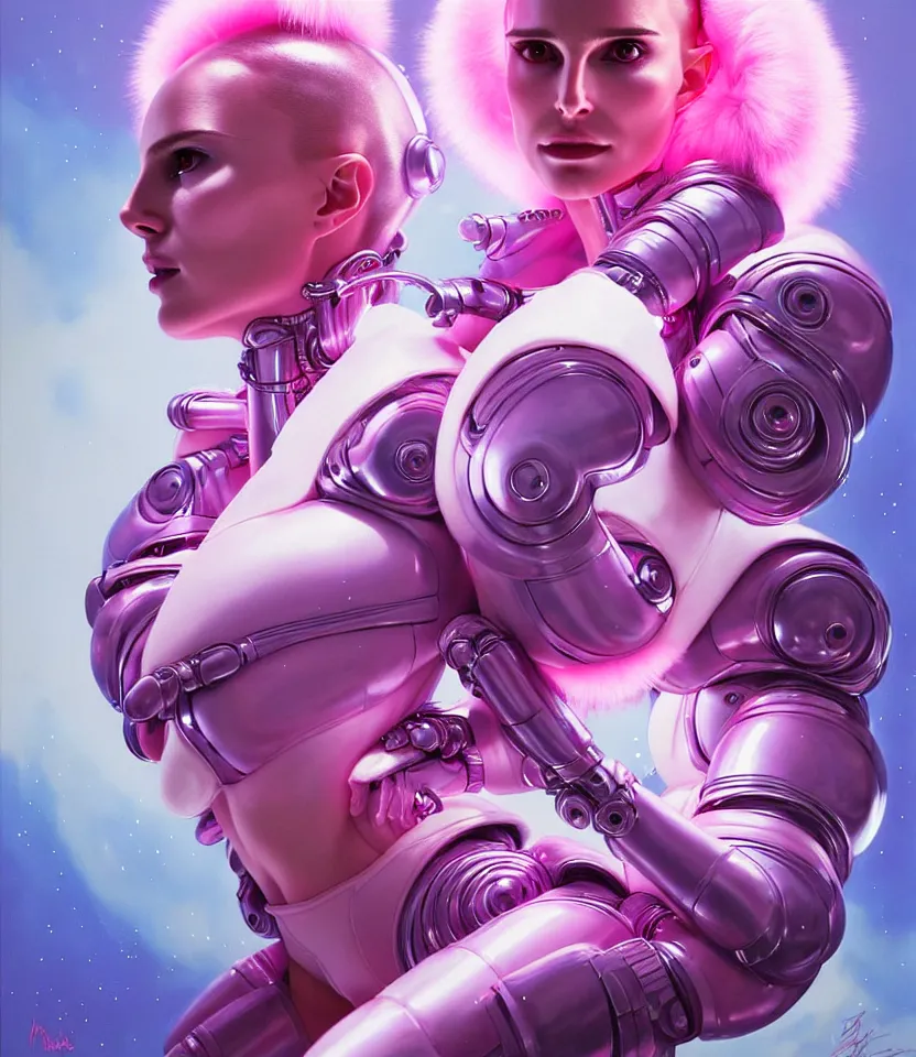 Image similar to beautiful fantasy character portrait of a natalie portman cyborg, wearing pink puffy bomber jacket with white fur, seductive reclining pose, lasers, ultra realistic, dramatic lighting, robots, the fifth element artifacts, highly detailed by peter mohrbacher, hajime sorayama, wayne barlowe, boris vallejo, aaron horkey, gaston bussiere, craig mullins