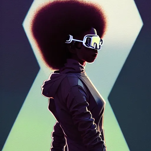 Prompt: Beautiful woman wearing opaque reflective goggles profile picture by Greg Rutkowski, brown skin, long afro hair, asymmetrical, futuristic, cool colors, streetwear, studio ghibli, Organic Painting , Matte Painting, geometric shapes, hard edges, street art, trending on the artstation, fantasy LUT, realistic by Sachin Teng + Martin Grip + Moebius, techwear, Industrial Scifi, detailed illustration, character portrait,