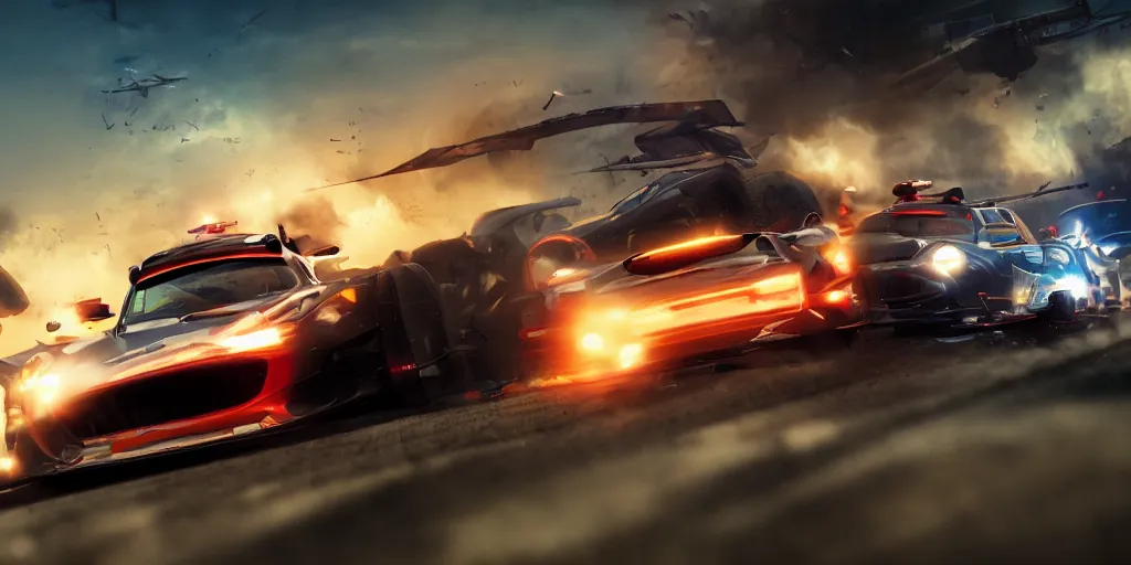 Image similar to a commercial art for a racing movie with lot of motion blur, cinematic, dramatic, artstation, epic