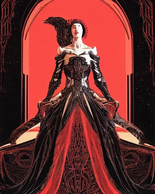 Prompt: masterpiece concept art, a beautiful highly detailed sci - fi renaissance lady sit on the throne in palace, confident pose, by jae lee, 8 k, intricate detail, cinematic lighting, red white and black colors