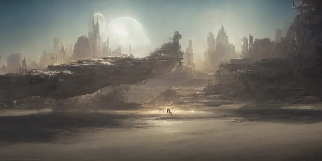 Prompt: city in the sands sleeping unbroken dreams under the ivory light of two moons, Darek Zabrocki, Marcin Rubinkowski, Lorenzo Lanfranconi, Karlkka, trending on Artstation, 8K