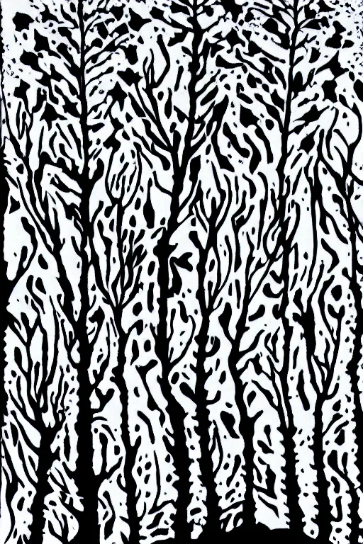 Image similar to reaction diffusion artwork of a winter forest, reaction diffusion linocut, as reaction diffusion