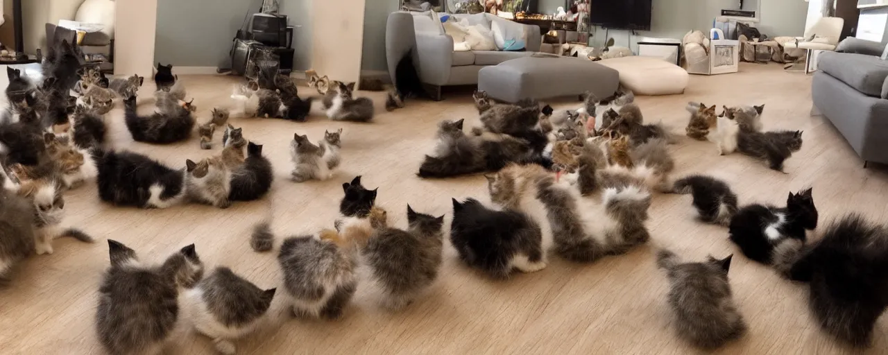 Prompt: a living room full of kittens of differing breeds