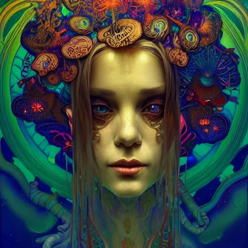 Image similar to An extremely psychedelic experience, colorful, surreal, dramatic lighting, magic mushrooms, psilocybin, LSD, face, detailed, intricate, elegant, highly detailed, digital painting, artstation, concept art, smooth, sharp focus, illustration, art by Krenz Cushart and Artem Demura and alphonse mucha