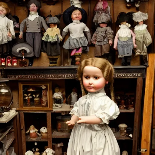 Image similar to human child standing in a victorian doll maker's shop looking at all of the dolls, 8 k, soft lighting, highly detailed realistic, face in focus 1 8 9 0's