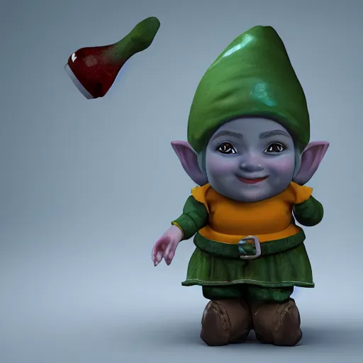 Image similar to gnome girl, hyperrealistic photo, octane render, dynamic lighting