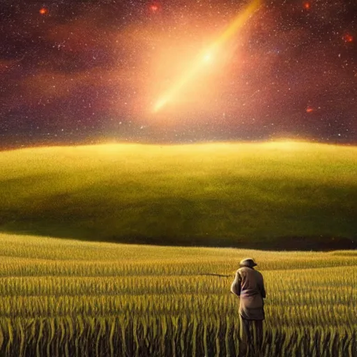 Image similar to a farmer standing on the fields of barley looking at the stars through telescope by H.P. Lovecraft, 8k, epic scene, concept art