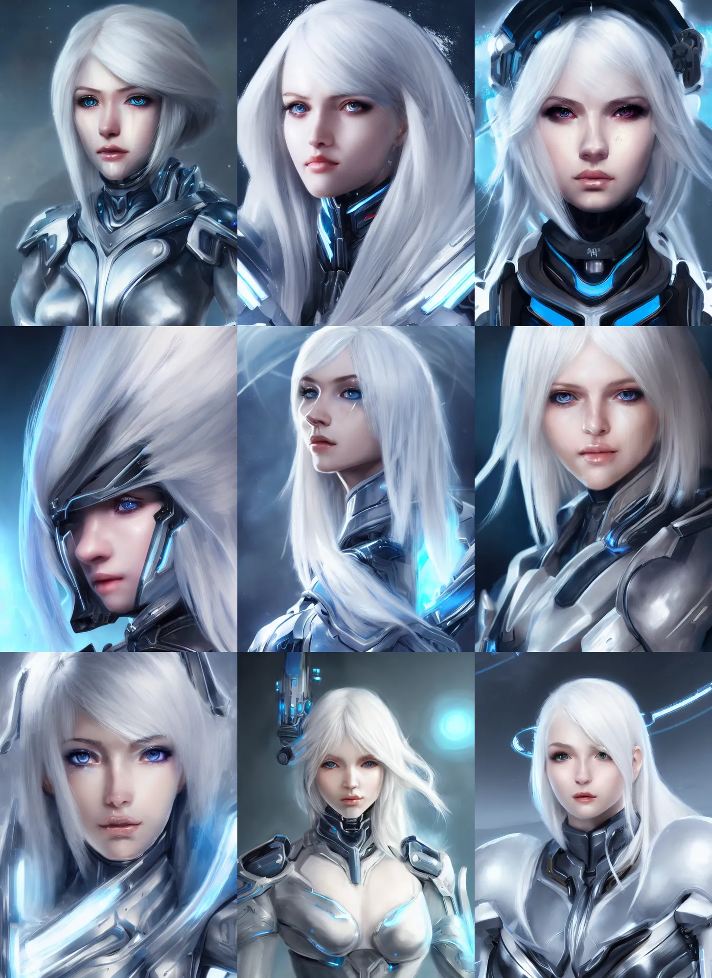 Image similar to detailed portrait of perfect white haired girl, android, warframe armor, beautiful, pretty face, blue cyborg eyes, innocent, scifi, 4 k, sun yunjoo, ultra realistic, aura of light, cinematic lighting, highly detailed, sharp focus, artstation, masterpiece, art by hyungjin yang