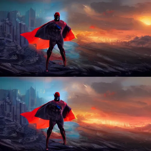 Prompt: an 8k resolution matte painting of a black boy dressed like a superhero at the end of the world by dan mumford, trending on artstation, epic scale