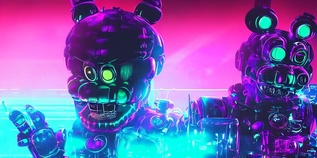 Image similar to fnaf freddy, cyberpunk, rgb, neon, hd, cinematic,