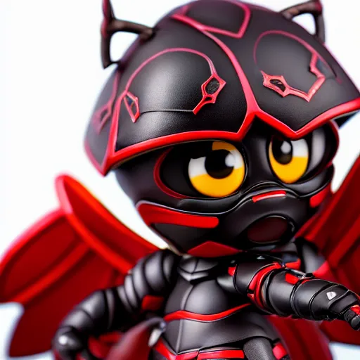 Image similar to closeup photograph of cute bee nendoroid with themed crimson - black armor, portrait, hyperdetailed, artstation, cgsociety, 8 k, by tangerine dream