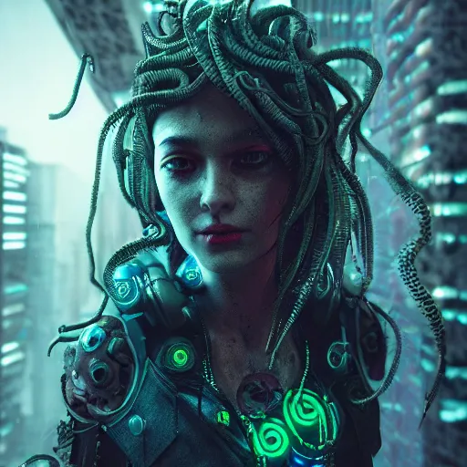 Prompt: Cyberpunk medusa, dark atmosphere, cinematic shot, intricate, ornate, photorealistic, ultra detailed, realistic, 35mm, photography, neon, octane, high definition, depth of field, bokeh, 8k, artstation