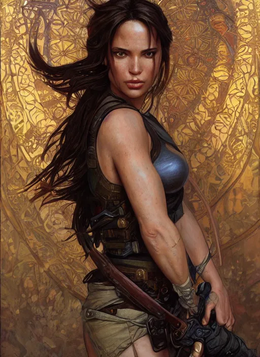 Image similar to Lara Croft as a beautiful woman, fantasy, intricate, elegant, highly detailed, centered, digital painting, artstation, concept art, smooth, sharp focus, illustration, art by artgerm and donato giancola and alphonse mucha