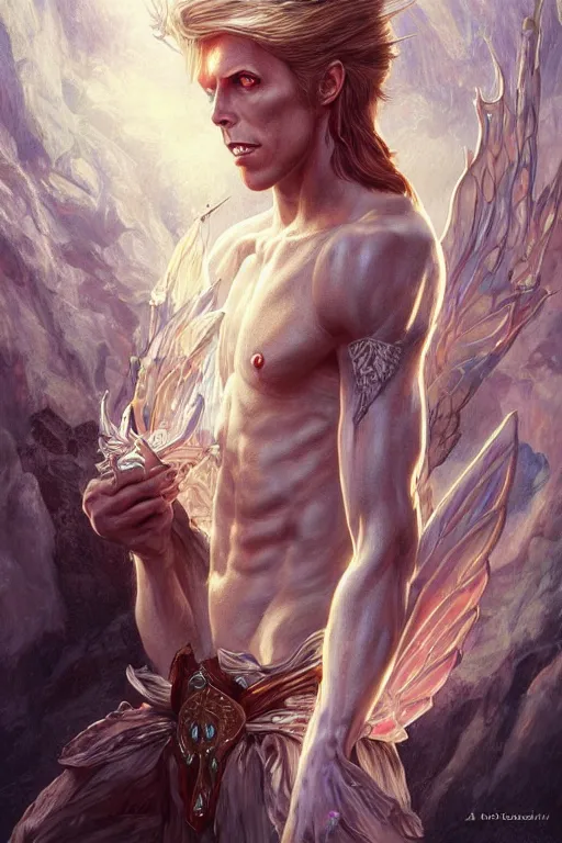 Image similar to ultra realistic illustration, fairy king david bowie from diablo and baldurs gate, intricate, elegant, highly detailed, digital painting, artstation, concept art, smooth, sharp focus, illustration, art by artgerm and greg rutkowski and alphonse mucha