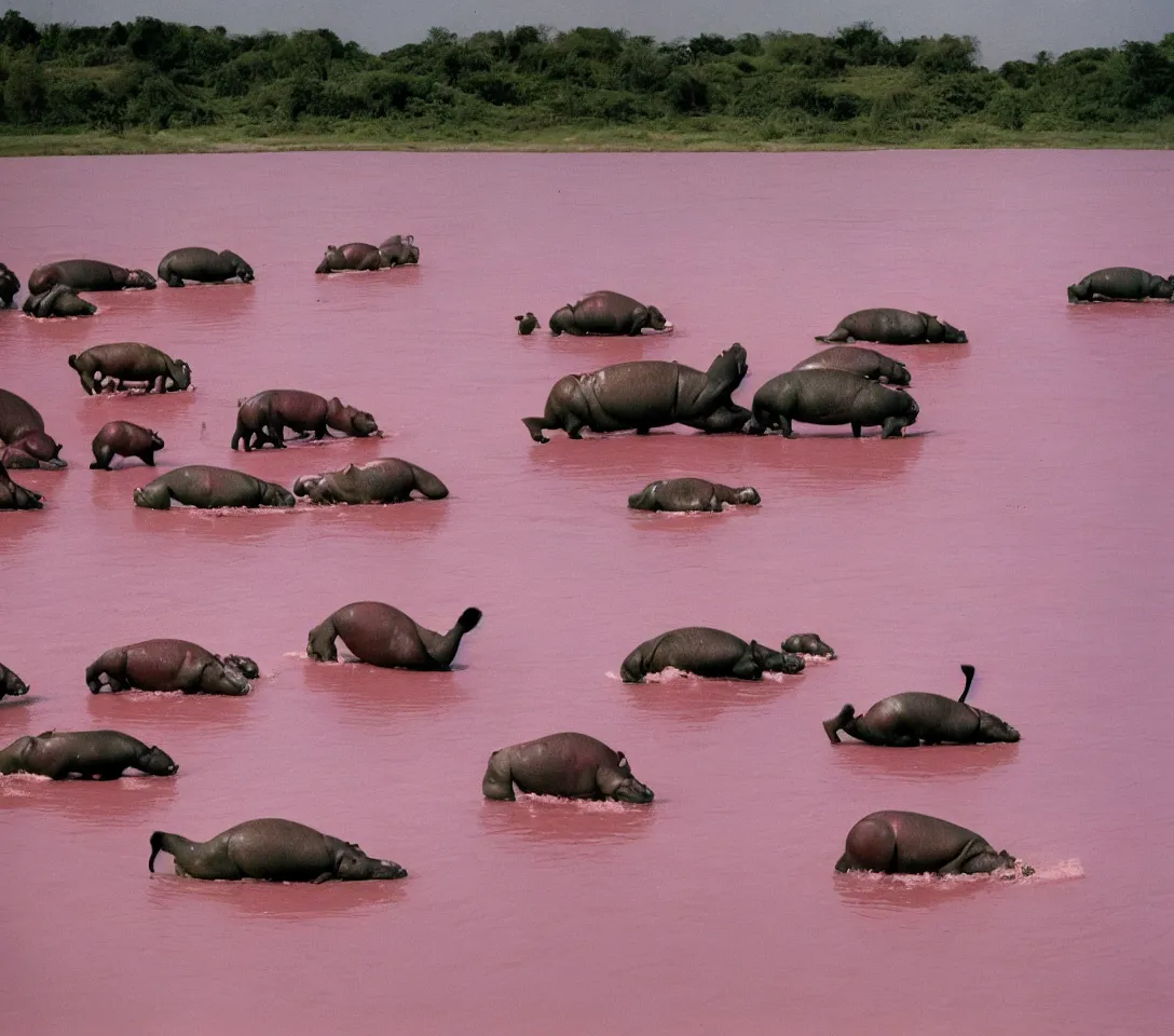 Image similar to a 3 5 mm photography, kodachrome colour of 3 0 hippos running in a pink lake, taken by martin parr