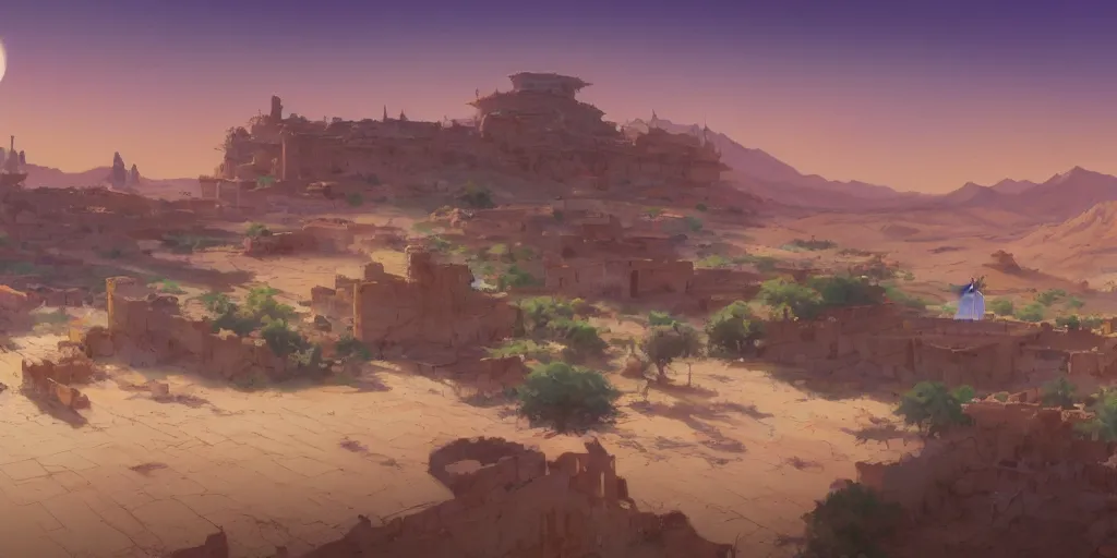 Image similar to a stunning desert landscape with an arabian palace on the horizon by makoto shinkai