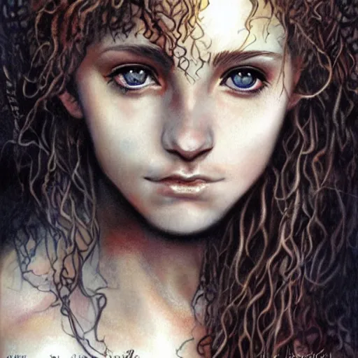 Image similar to dressed Hermione Granger in tattoos, by luis royo, beautiful eyes, Beautiful face, by Aggi Erguna, high detail,high resolution