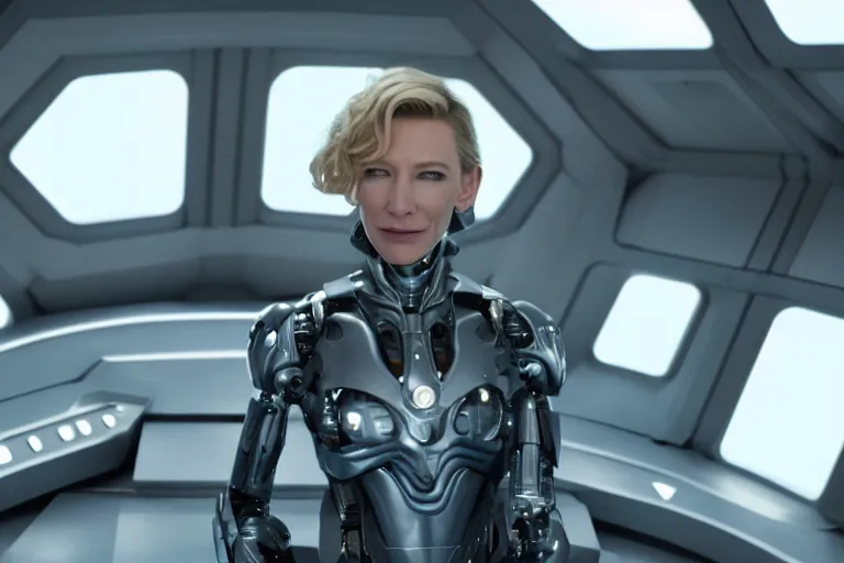 Image similar to cate blanchett on the bridge of a starship,cyborg, 4k, movie still