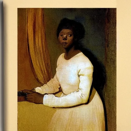 Prompt: a black girl in a gold haunted liminal room, digital painting by goya and balthus, colors by pontormo, lights by hopper, extreme detail, liminal aesthetic, background art nouveau,