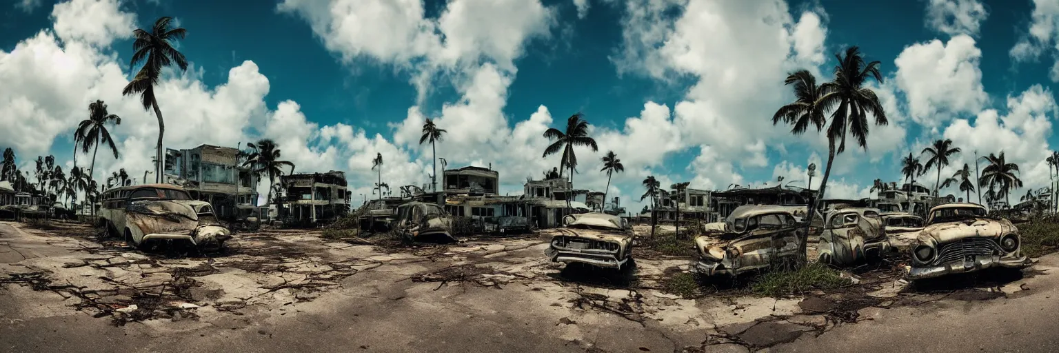 Image similar to wide angle shot of dilapidated fallout 5 miami, tropical coastal city in real life, desolate, dilapidated, empty streets, some rusted retro futuristic vintage styled parked vehicles like cars, buses, trucks, trams, sunny weather, few clouds, volumetric lighting, photorealistic, daytime, spring, sharp focus, ultra detailed