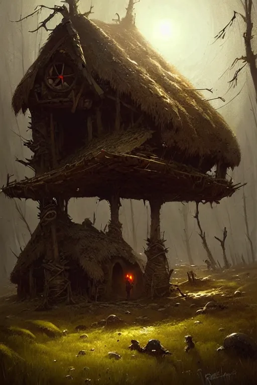 Image similar to greg rutkowski, bog witch hut