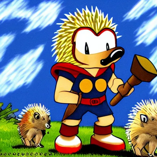 Prompt: the hedgehog thor ~ holding his hammer ~ dramatic thunder background ~ fighting scene ~