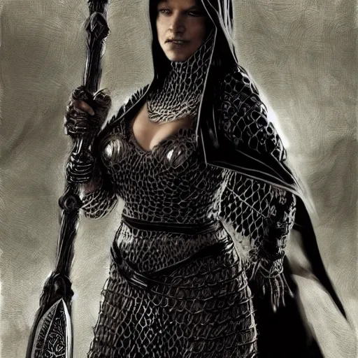 Prompt: a warrior woman in a hooded dark robe with her face is covered in a chain - mail veil, facing forward, standing in a fighting stance holding a long staff in her hands, intricate, elegant, highly detailed, smooth, sharp focus, detailed face, high contrast, graphic novel, art by ardian syaf and pepe larraz,