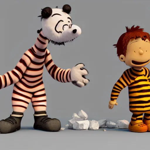 Image similar to calvin and hobbes as depressed and homeless adults on crack rock, octane render, scuplture, concept art