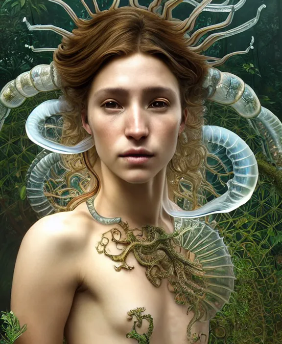 Image similar to intricate ornate opulent transparent clear see - through portrait of a horrific beautiful male human isopod nautilus tornado, adorable, childlike, overgrown jungle environment, ultra realistic, concept art, art nouveau, photorealistic, octane render, 8 k, unreal engine. art by christopher marley and artgerm and greg rutkowski and alphonse mucha