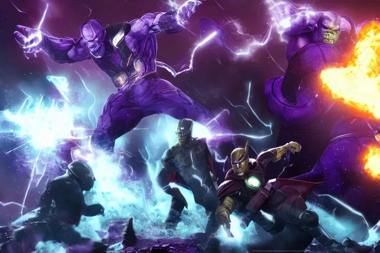 Image similar to Thanos Fighting the Avengers, artstation, HD wallpaper, 4k, photorealistic, digital art