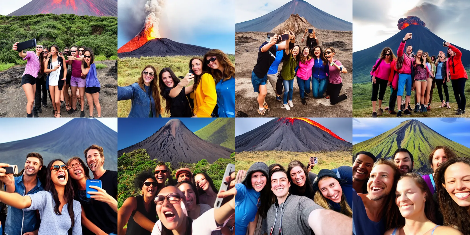 Prompt: a group of friends taking a selfie in front a volcano