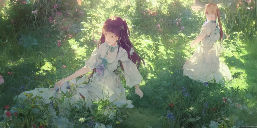 Image similar to a depressed digital art, loli in dress, garden, green and warm theme, blue accents, back lighting, highly detailed, 4 k resolution, trending on art station, by krenz cushart and mucha and akihito yoshida and greg rutkowski and makoto shinkai