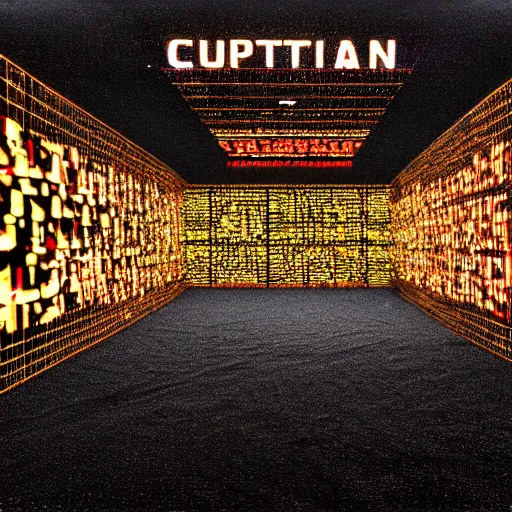 Image similar to a mountain made out of computer screens that display bitcoin logos, cinematic, post apocalyptic landscape, harsh contrast lighting, in the style of photorealism, made by richard estes robert cottingham gerhard richter robert longo ellen altfest