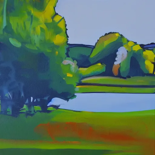 Image similar to landscape acrylic painting on canvas in the style of ben cornish, bold colours